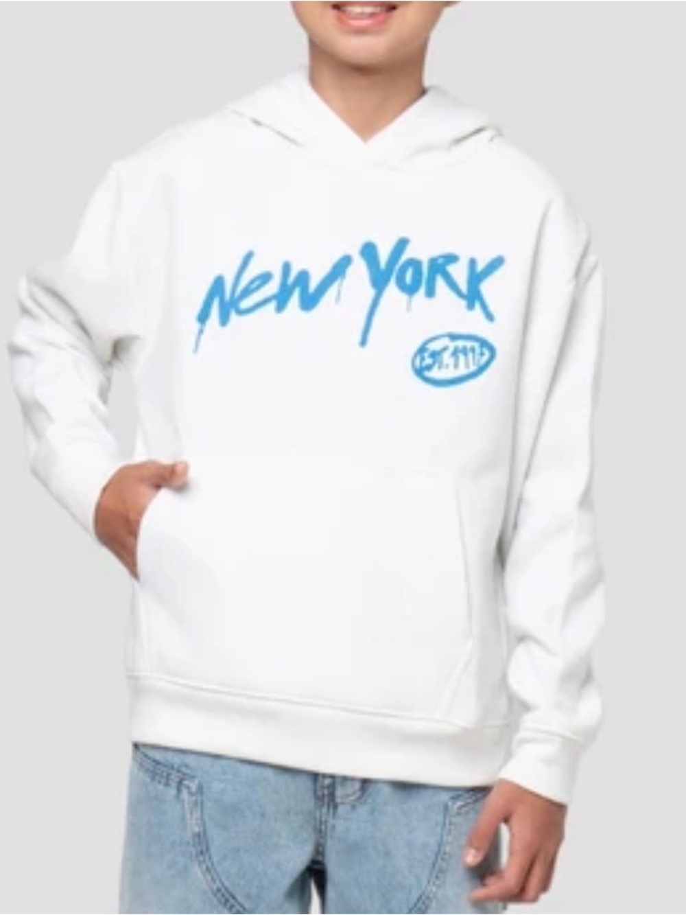 Zara White Hoodie with Blue "New York" Graphic